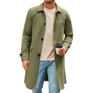 Mens Army Green Slim Fit Single Breasted Long Windbreaker Jacket Trench Coat